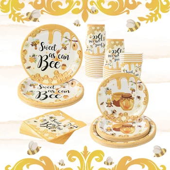 8 pezzi di api miele stoviglie usa e getta cartone animato ape a nido d'ape piatto di carta tovaglioli tazze felice giorno delle api decorazioni per feste di compleanno 1