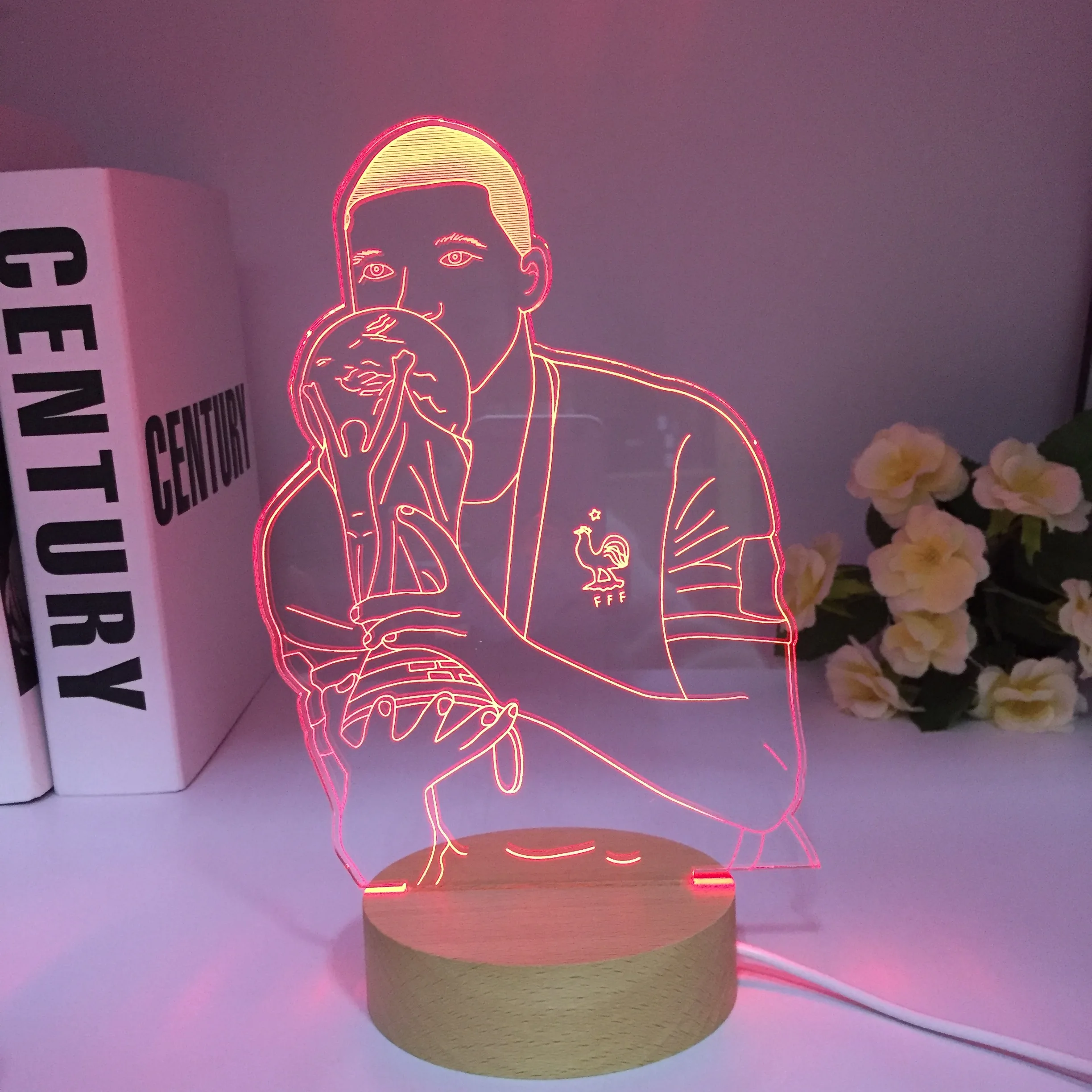 Soccer Football Star Kylian Mbappes Wooden 3D Lamp 7 Colors Bedside Bedroom  LED USB Night Light Home Decoracao Kis Wood Gift Toy