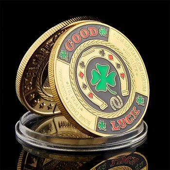 Green Clover Buona fortuna Sfida Moneta Moda Poker Card Guard Chip Token Collezioni di monete con capsula per monete