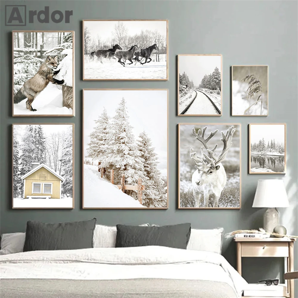 Fox Horse Deer Poster Canvas Painting Winter Forest Snow Print Painting Tree Reed Wall Art Picture Nordic Posters Bedroom Decor lanaor del rey burning desire wallpaper wall art canvas poster print canvas painting oil decorative picture bedroom home decor