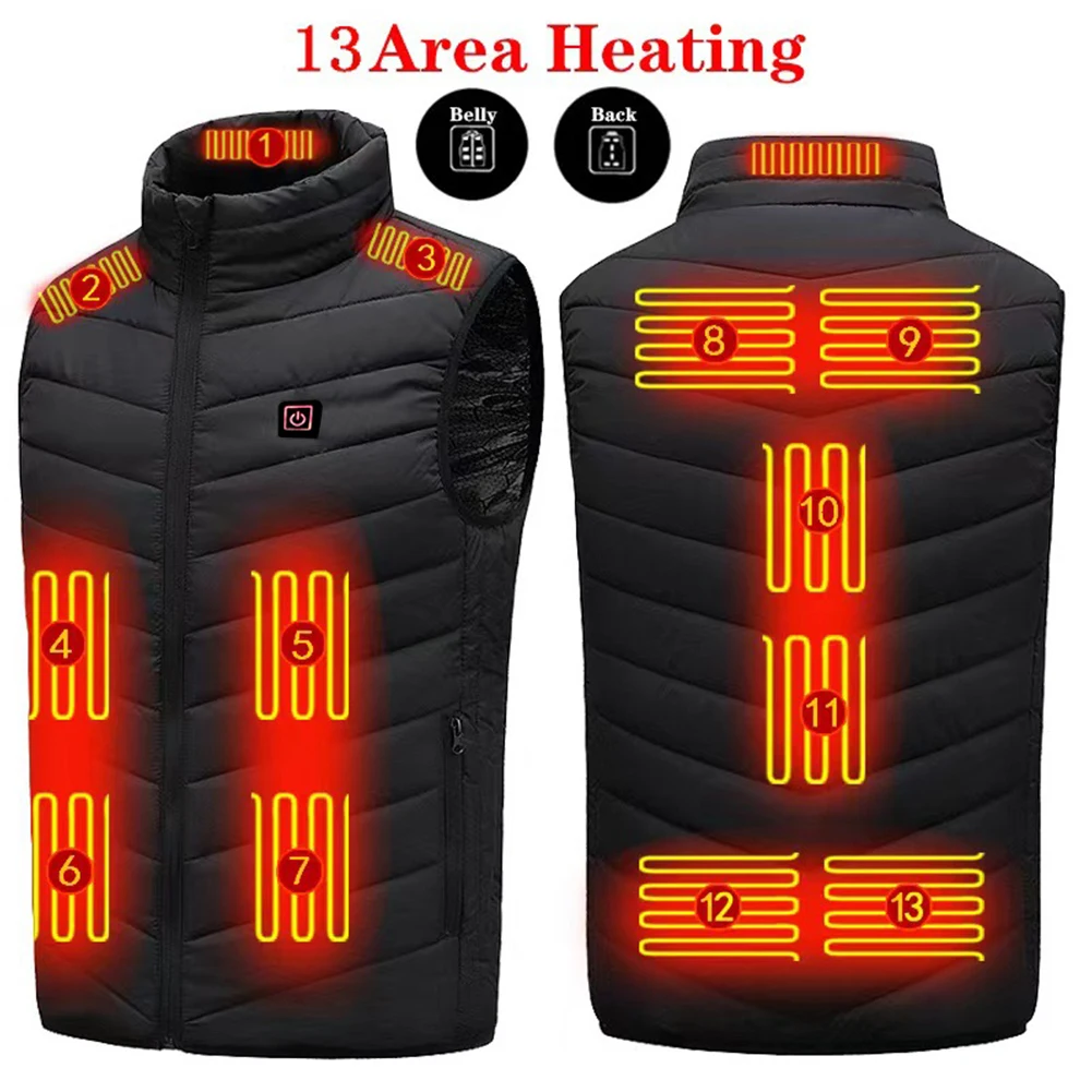 13 Places Areas Thermal Clothing Warm USB Thermal Waistcoat Washable Winter Heated Jacket Oversized 5XL for Outdoor Hunting