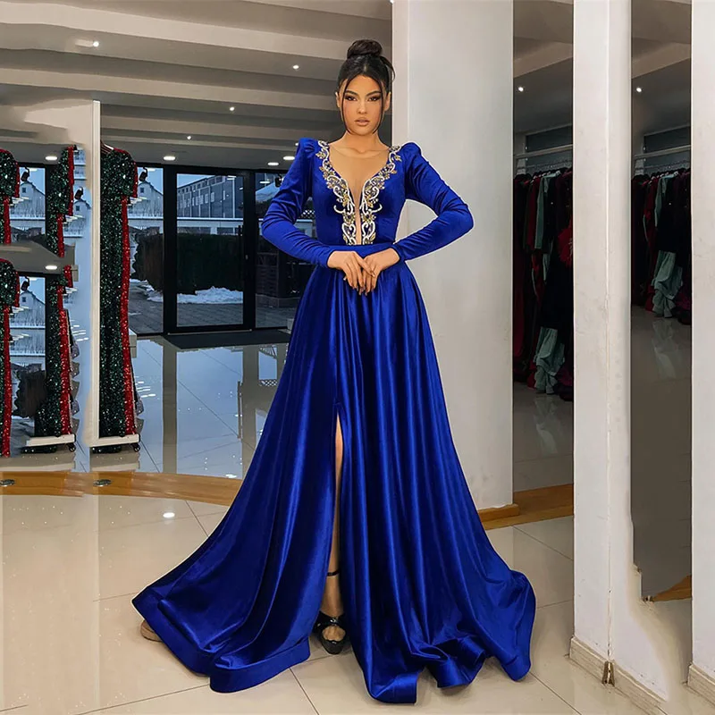 

Smileven Huate Royal Blue Long Sleeve Evening Dresses A Line Caftan Saudi Arabic Prom Gowns Side Split Occasion Dresses 2024