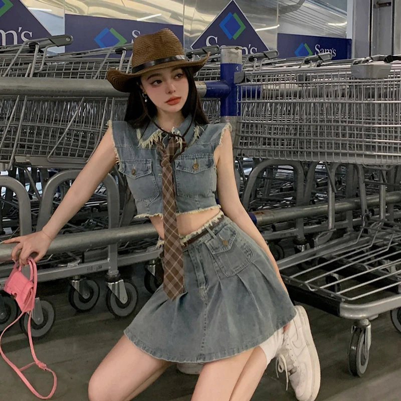 

American Retro Denim Suit Short Vest Vest Female High Waist A-Line Skirt Skirt 2022 Summer Sexy Hot Girl Denim Two-Piece Suit