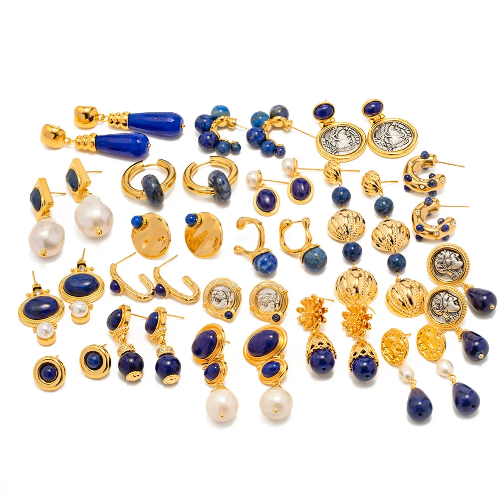 Women's earrings lapis lazuli titanium steel earrings ethnic wind new non-fading earrings niche fashion jewelry