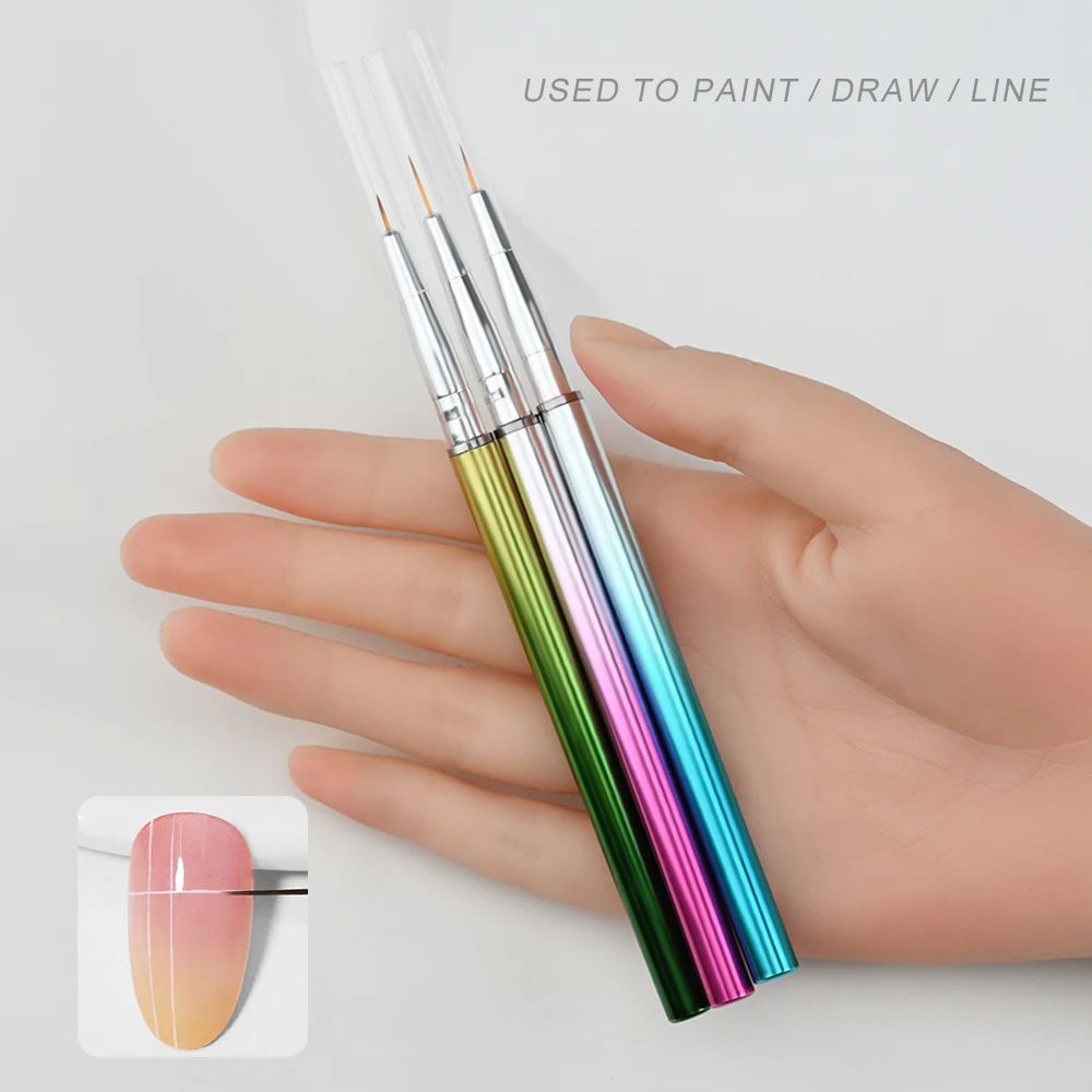(6mm/8mm/10mm)Nail Art Liner Brushes 3Pcs UV Gel Painting Nail Art Design Brush Gradient Metal Hand Lever Nail Drawing Pen Set 6