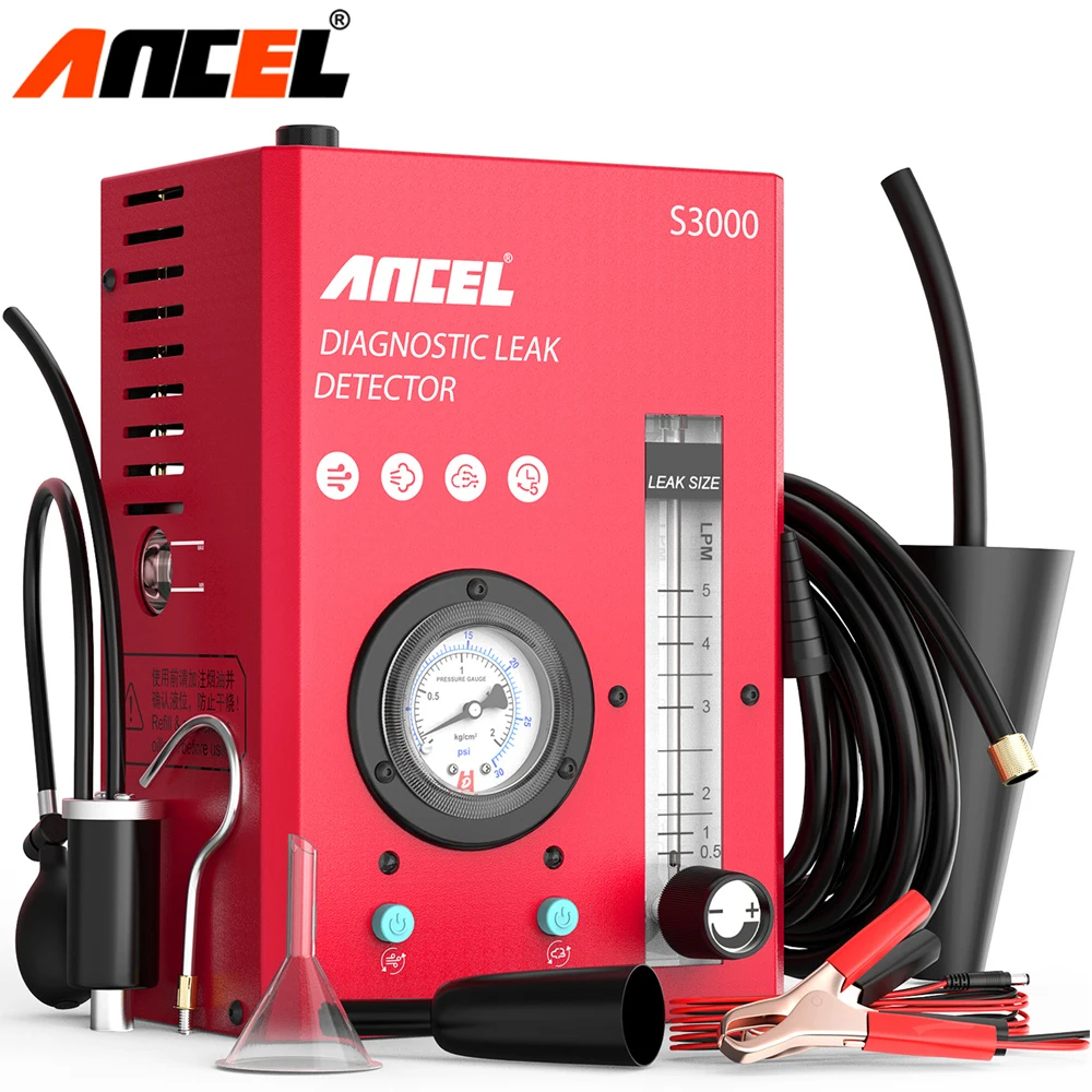 เครื่องตรวจรอยรั่วควันรถยนต์ S3000 ancel พร้อมปั๊มลม12V EVAP เครื่องทดสอบสุญญากาศท่อน้ำมันเชื้อเพลิงรั่วสำหรับรถจักรยานยนต์ 1