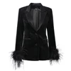 New Autumn Winter Women Black Fluffy Feather Patchwork Fashion Classic Velvet Blazer Quality Jackets 1