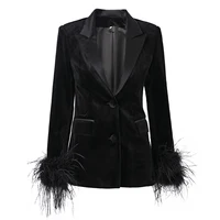 New Autumn Winter Women Black Fluffy Feather Patchwork Fashion Classic Velvet Blazer Quality Jackets 1