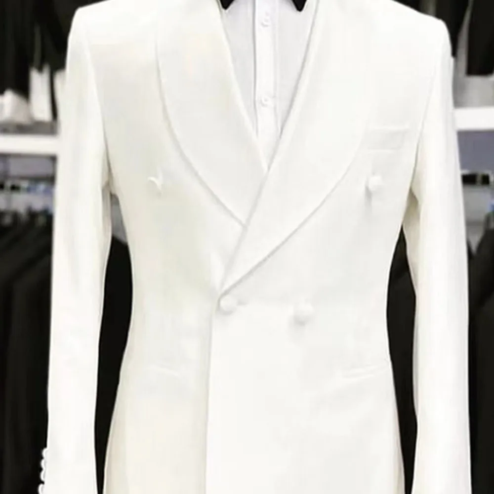 2023 New Fashion Men White Shawl Lapel Suits Business Casual Formal Costume Homme Double Breasted Slim Fit 2Pcs Set Jacket Pants 4