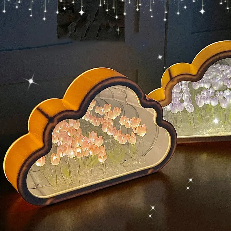 Tulip Night Light INS Handmade DIY Cloud Tulip Mirror Small Night Light INS Girl Heart Living Room Desktop Decoration Birthday Gift Holiday Gift