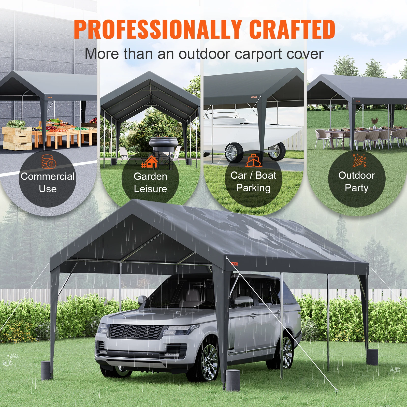 Waterproof Tarps VEVOR Carport 10x20ft Heavy Duty Car Canopy Garage 8 Reinforced Poles 4 Weight Bags UV Resistant