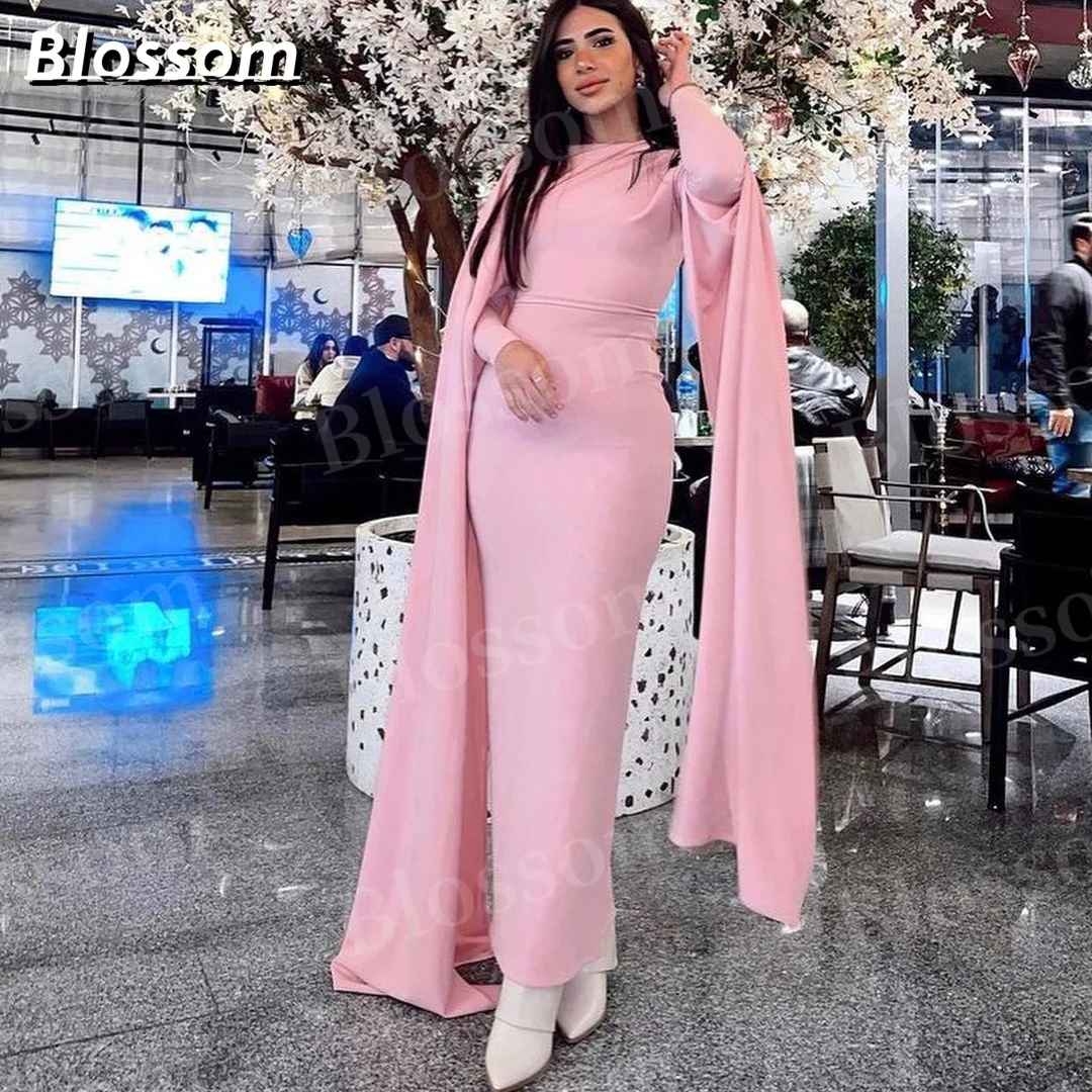 

Pink Cape Long Sleeves Evening Dresses 2024 Ankle-length Elegant Women Prom Dresses Vestidos De Party Gown فساتين مناسبة رسمية