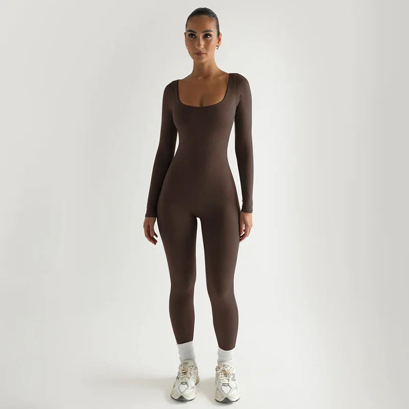 Women Skinny Jumpsuit Solid Color Square Collar Long Sleeve Bodycon Sexy Club Wear Work Out Sports Fitness Jogger Set Rompers