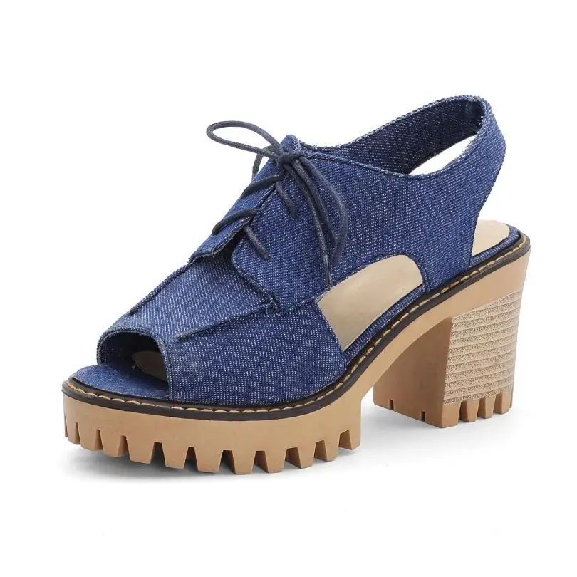 

Denim Women Sandal 2023 Summer Front Lace Up Peep Toe Chunky Heels 40-43 High Heel Platform Elegance Fish Toe Female Shoes