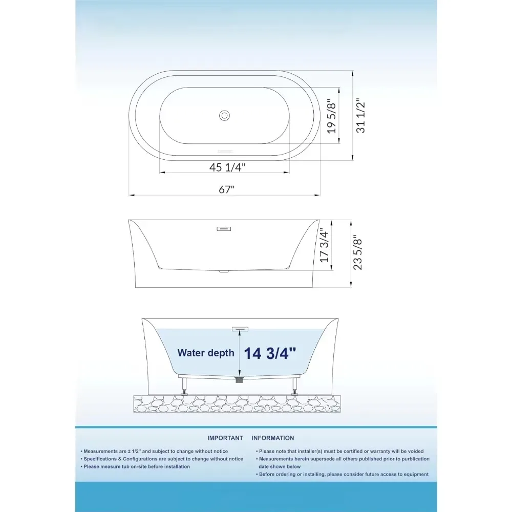 67" Acrylic Contemporary Soaking Tub with Matte Black Overflow and Drain，Acrylic Reinforced with Fiberglass，Freestanding Bathtub 5
