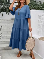 2024 Spring and Summer Amazon Europe and America New V-neck Splicing Multi color Multi size Long Swing Dress Plus Size - Image 4