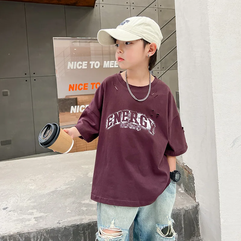 

Fashion Brand Loose Children's Cotton Ripped Half SleeveTSummer T-shirt2024New Boys' Short Sleeve Middle and Big Children Half S