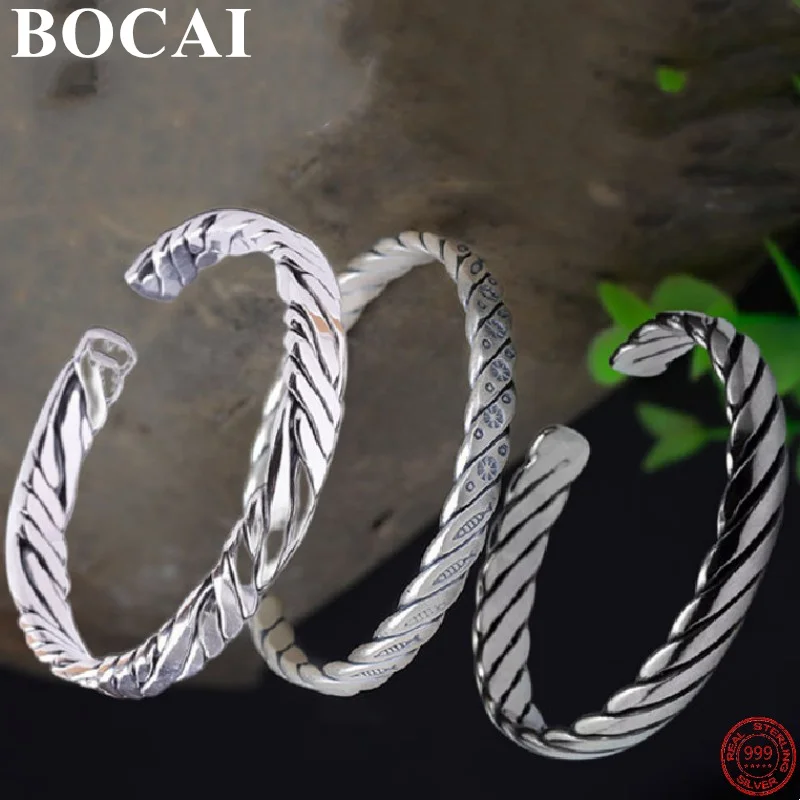 BOCAI S999 Sterling Silver Bracelets Fish Totem Weaven Twist