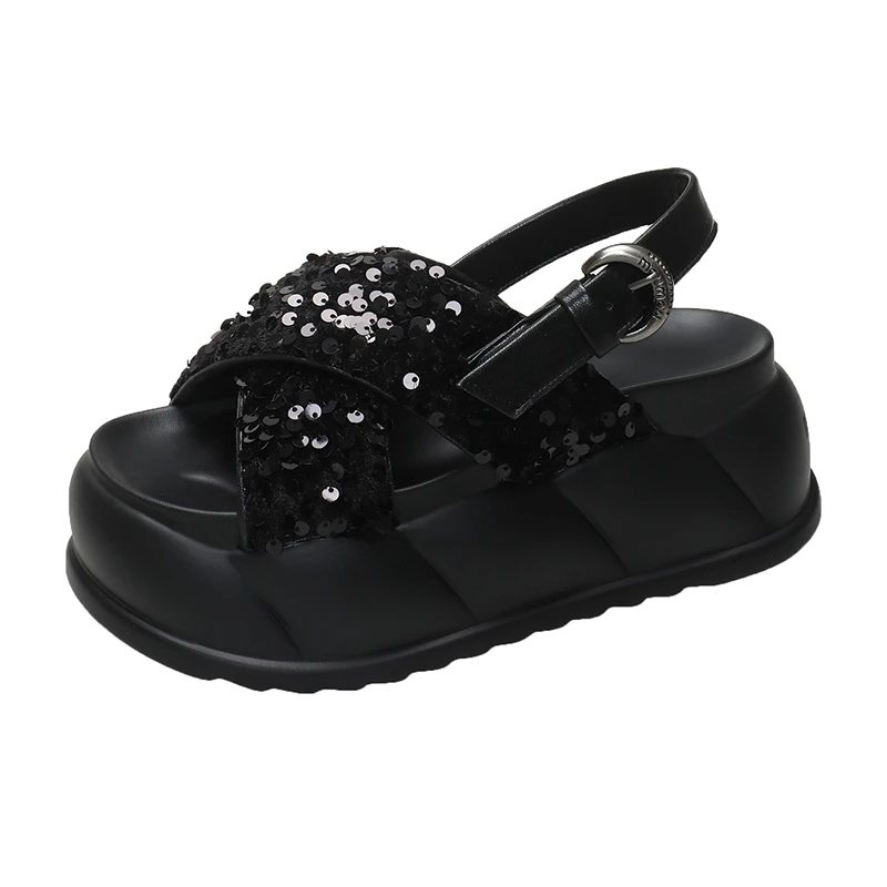 Women High Platform Bling Sandals New Summer 7CM High Heels Wedges Beach Shoes Walking Chunky Slippers Leather Sandalias Mujer