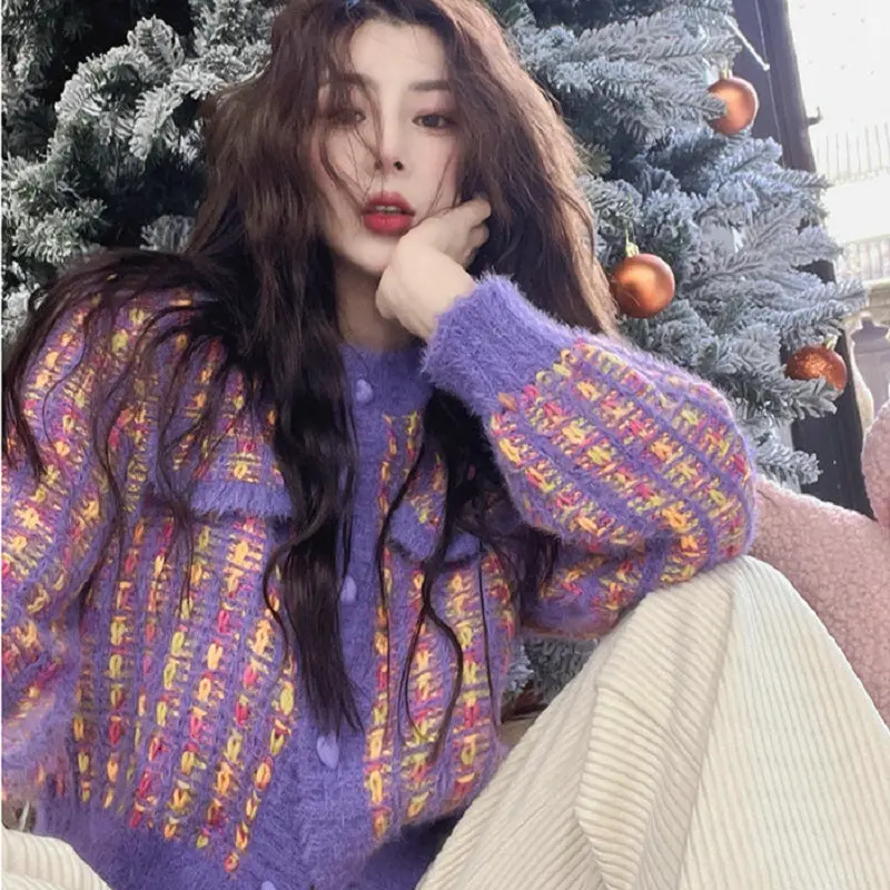

AYUALIN Boho Knitted O-neck Loose Sweaters 2022 Vintage Oversize Cardigans Striped Long Sleeve Autumn Cardigan Sweater for Women