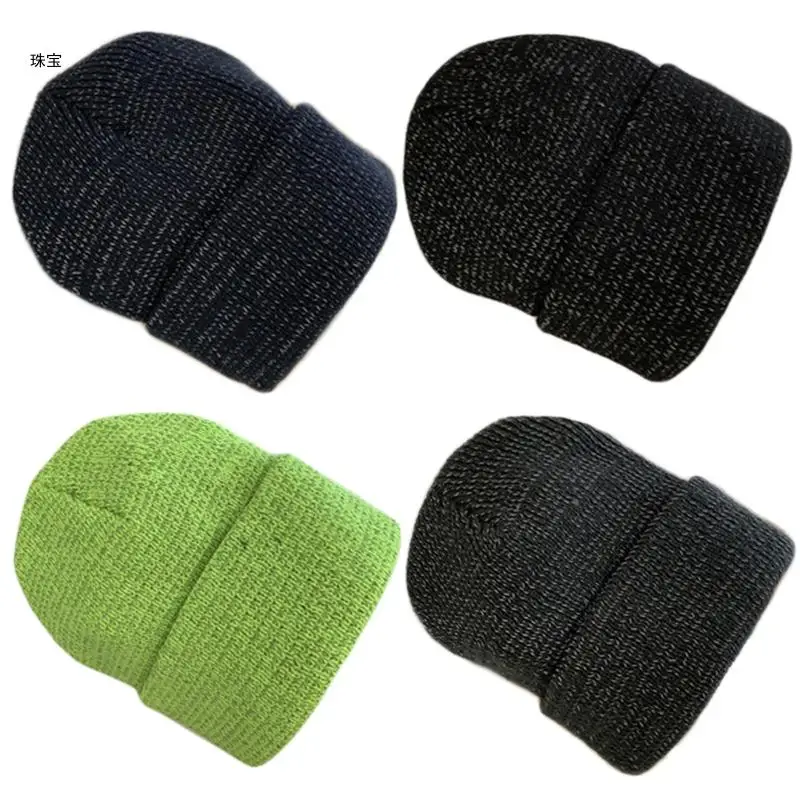 

X5QE Autumn Winter Men Women Reflective Skullies Knitted Hat Thick Ski Hip Hop