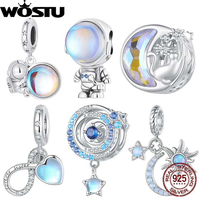 

WOSTU 925 Sterling Silver Moonstone Astronaut Charm Rainbow Space Necklace Pendant Heart Beads Fit Original Bracelet DIY Gift