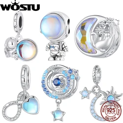 WOSTU 925 Sterling Silver Moonstone Astronaut Charm Rainbow Space Necklace Pendant Heart Beads Fit Original Bracelet DIY Gift