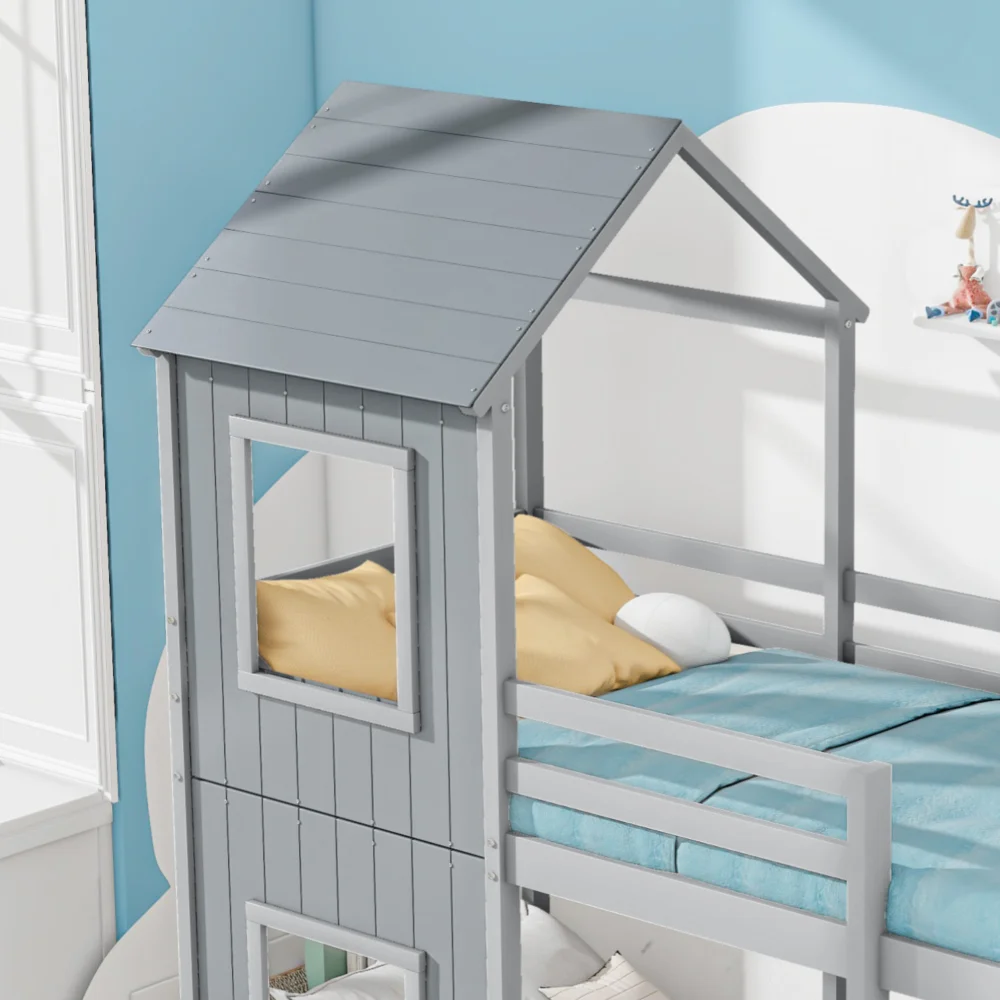 90*200cm Massivholz-Etagenbett mit Leiter & Baldachin Bodenfreundliches Kinder-Hausbett Robuste Schlafzimmermöbel Fotografie-Requisiten – Detail 16