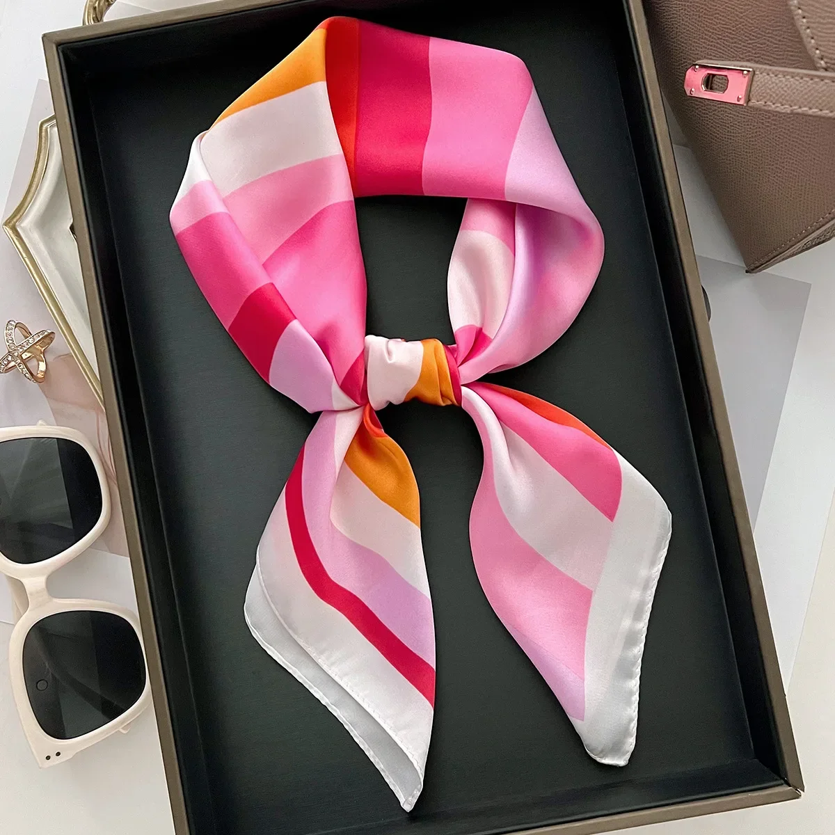 Imitation Silk Striped Print Square Scarf For Women, Bandana Decorative Scarf,Hair Band,Head Band For Dressing Up Your Look