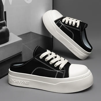 Summer Canvas Sneakers Men Comfortable Breathable Half Shoes Man Casual Sneakers Street Style Platform Slip-on Shoes Men's Mules 1