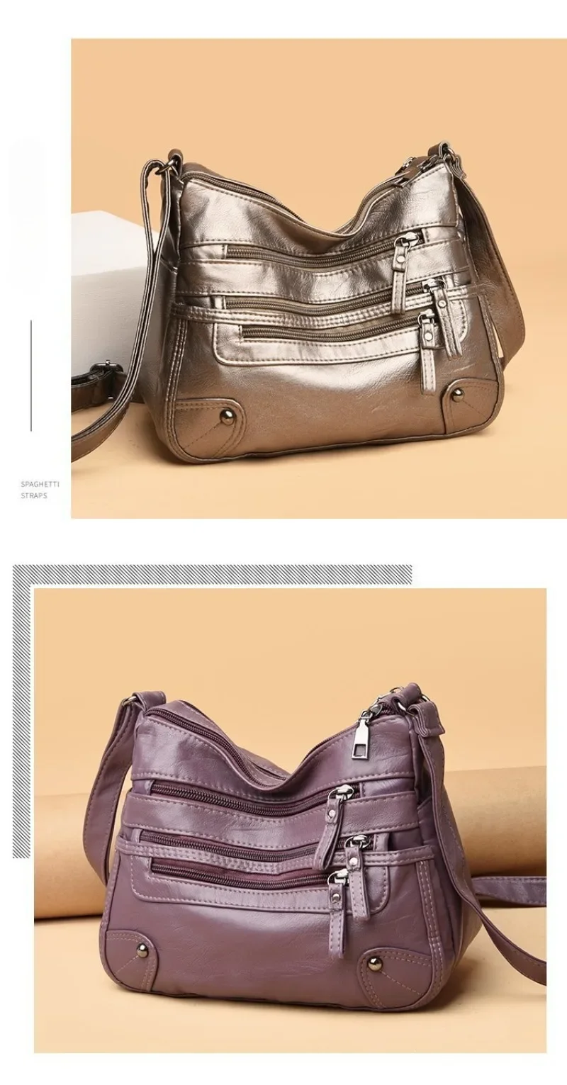 Soft Leather Shoulder Bag - Women's Crossbody Double Layered Large Capacity Tote
