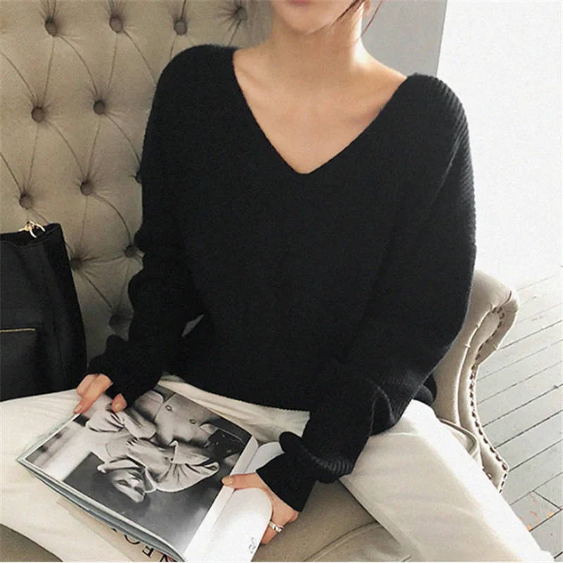 

Women's V-neck Loose Solid Color Sweater Winter Korean Women's Warm Thickened Hedging Office Ladies Matching Knitted Sweater