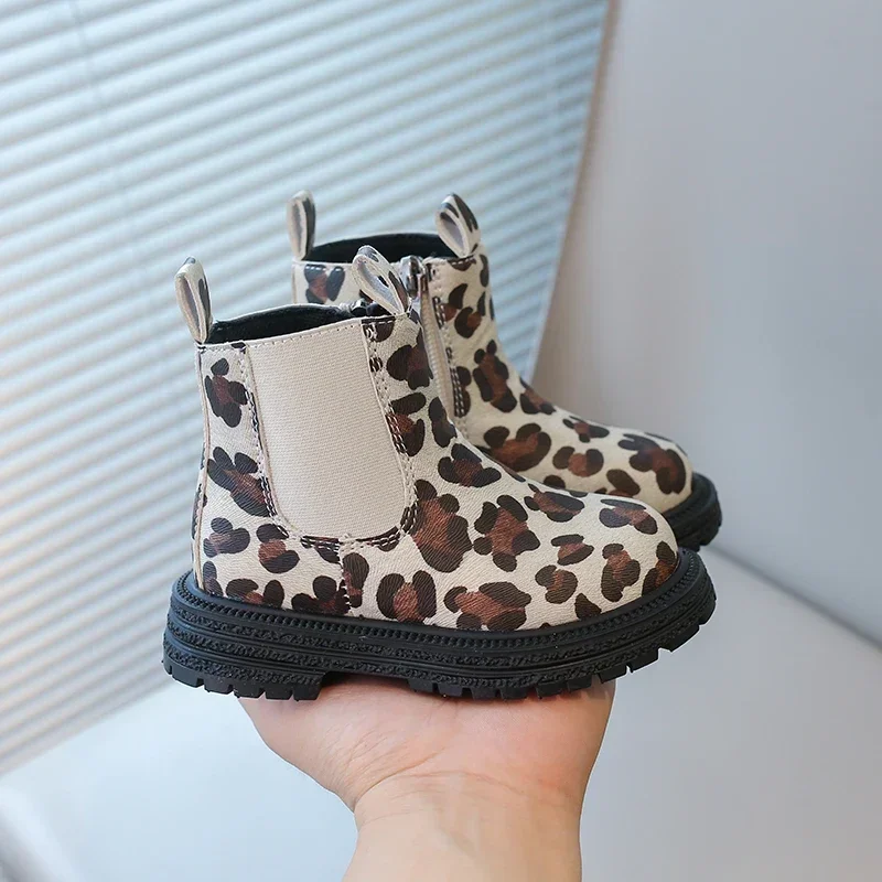 Kids Unisex Rubber Ankle Boots with Leopard Prints and Side Zipper