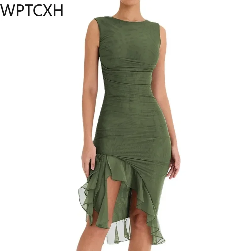 

Design Sense Elegant Ruffle Ruched Midi Dress Women Robe Summer New Backless Sleeveless Irregular Club Party Sexy Dress Vestido