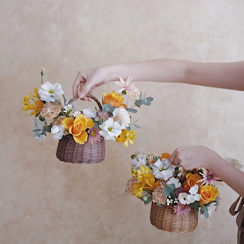 Waterproof Woven Flower Basket Storage Basket with Handle Handmade Multi-functional Perfect Gifts Rattan for Home Wedding Decor 2