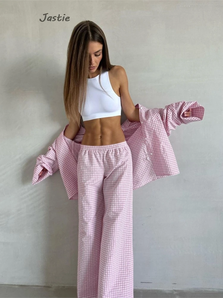 

Retro Plaid Loose Long Sleeve Shirts Wide Leg Pant Sets Pajamas Casual Trouser Suit Spring Summer Comfort Cotton Home Outfits