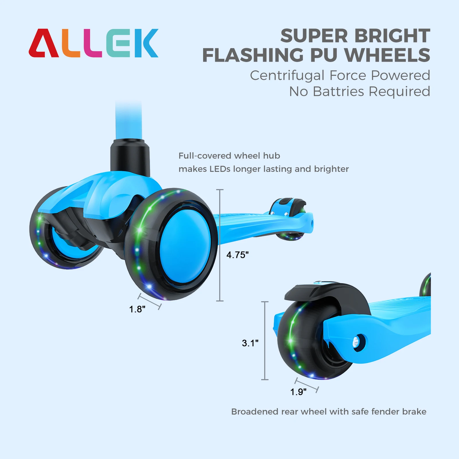 Allek Kick Scooter Aqua Blue 3-Wheeled Push Children Scooter with PU Light-Up Wheels Ajustable Height for Children Kids 3-12yrs