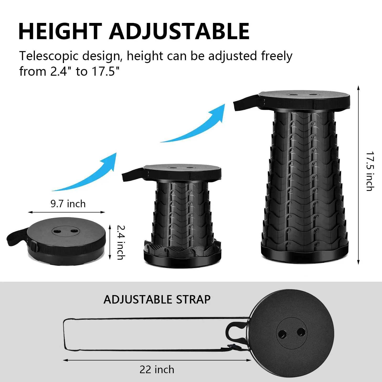 Fezes telescópicas portáteis e dobráveis, fezes de acampamento retrátil para caminhadas, resistentes e dobráveis, capacidade de carga, 400lbs