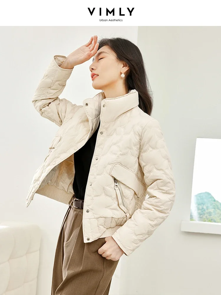 Vimly Women's Crop Down Jacket Stand Collar Full-zip Female Outerwear 2023 Winter Warm White Duck Down Short Coat Overcoat 50676