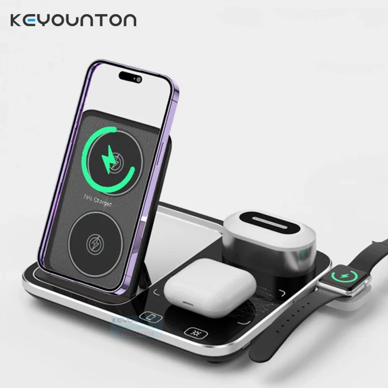 

4 в 1 Складная светодиодная подставка для быстрой беспроводной зарядки для iPhone 15 Huawei Samsung S23 Apple Airpods Pro3 iWatch 8 7 зарядная станция