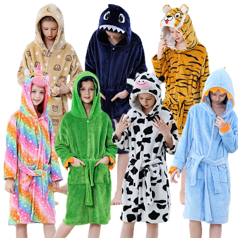 Shark Dinosaur Kigurumi Bathrobe Pijama Infantil Masculino Animal Cartoon Hooded Robes Children's Pajamas Girls Unicorn Bathrobe