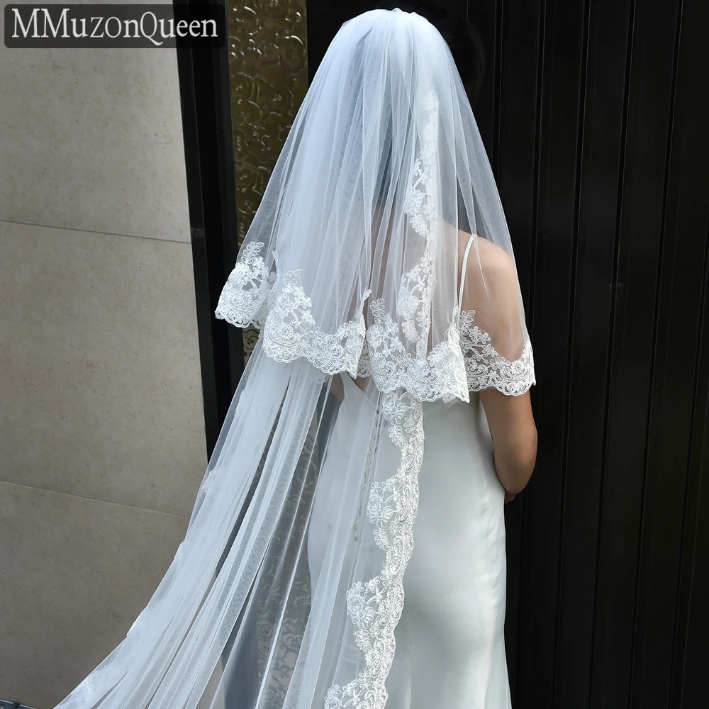 M24 Double Lace Edge Long Veil Soft with Hair Comb Bridal Face Cover Veil White Bridal Wedding Cathedral Lace Veil 2 Tier