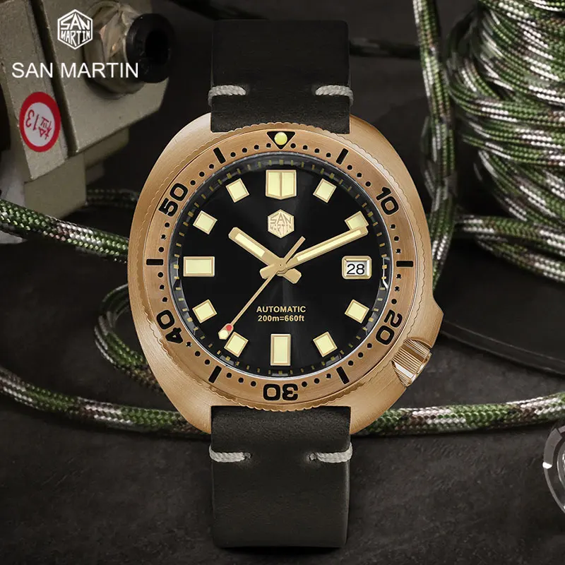 

San Martin 44mm Abalone V4 Turtle Solid Bronze Vintage Diver Men Mechanical Watch 20 Bar Luminous Sapphire Leather Strap Relojes