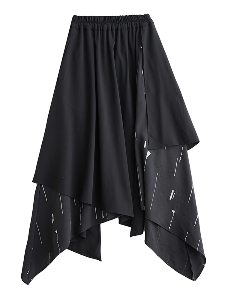 Black Vintage Print Irregular High Waist Skirt Women New Spliced Loose Casual Long Skirts Fashion Clothes Autumn Winter 2025