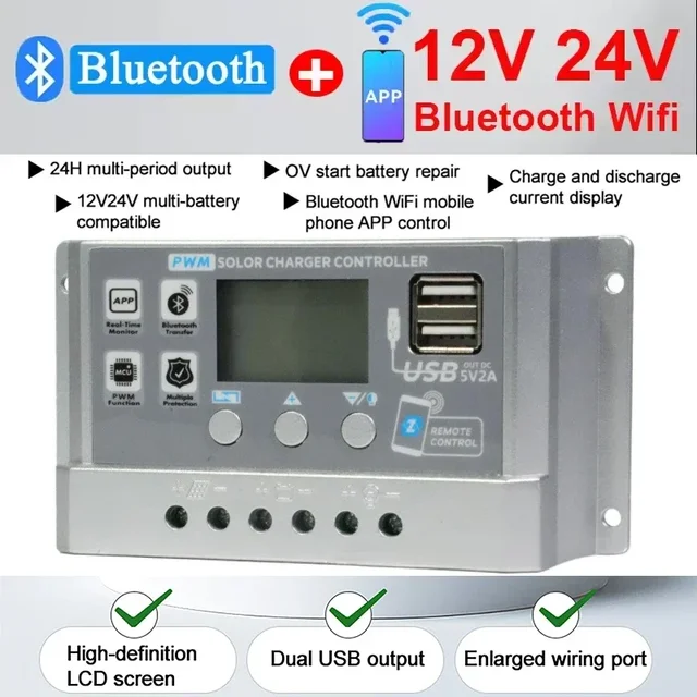 บลูทูธ Wifi PWM คอนโทรลเลอร์ชาร์จพลังงานแสงอาทิตย์ 30A 50A 60A 12V 24V Auto Dual USB Load Discharger แผงควบคุมพลังงานแสงอาทิตย์จอแสดงผล LCD 1