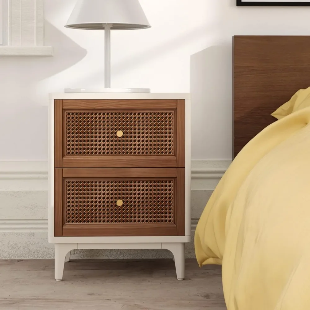 Farmhouse 3-Drawer Nightstand, Woven Cane Front Accent Dresser with Brass Pull, Fully-Assembled