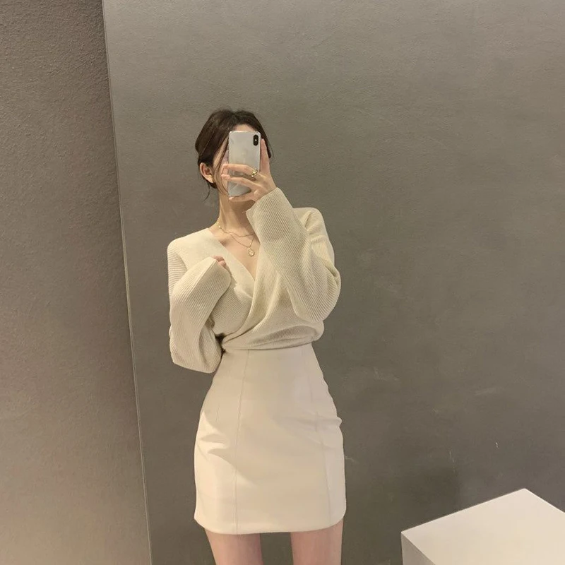 S888c18ddecb041ec9863970c281e3facc Black Sweaters Women Korean Irregular V Neck Knitted Pullovers Office Lady Elegant Knitwear Autumn Winter Solid Jumpers Mallzona