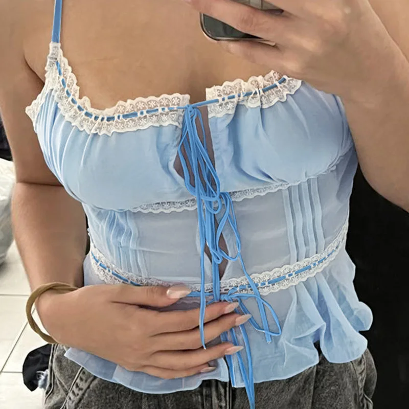 

INS Slightly Chiffon Strap Top for Women Y2K Slim Fit Striped Crop Top Summer Sexy Women Clothing