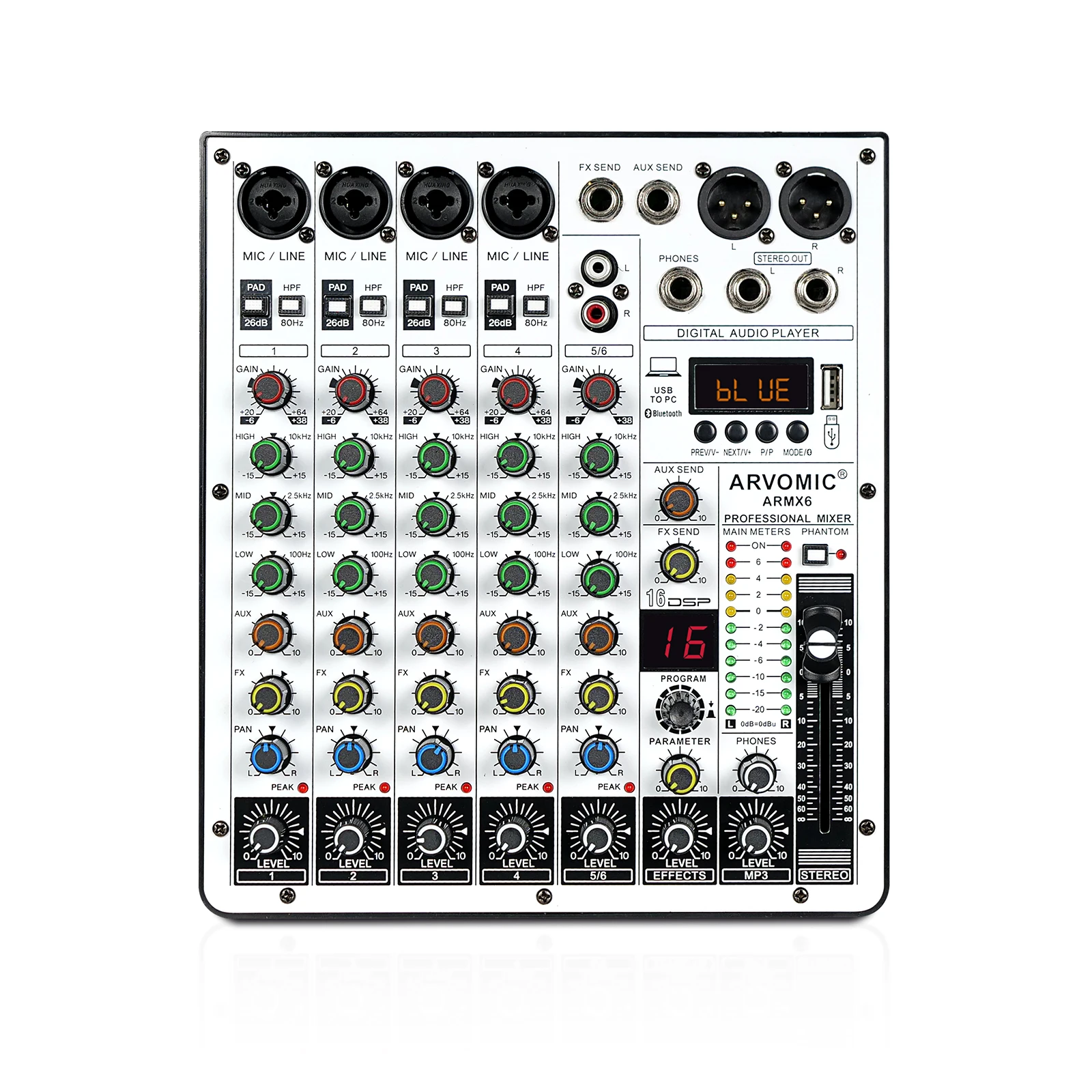 6Channel Audio Mixer, ARVOMIC DJ Mixer with USB Audio Interface