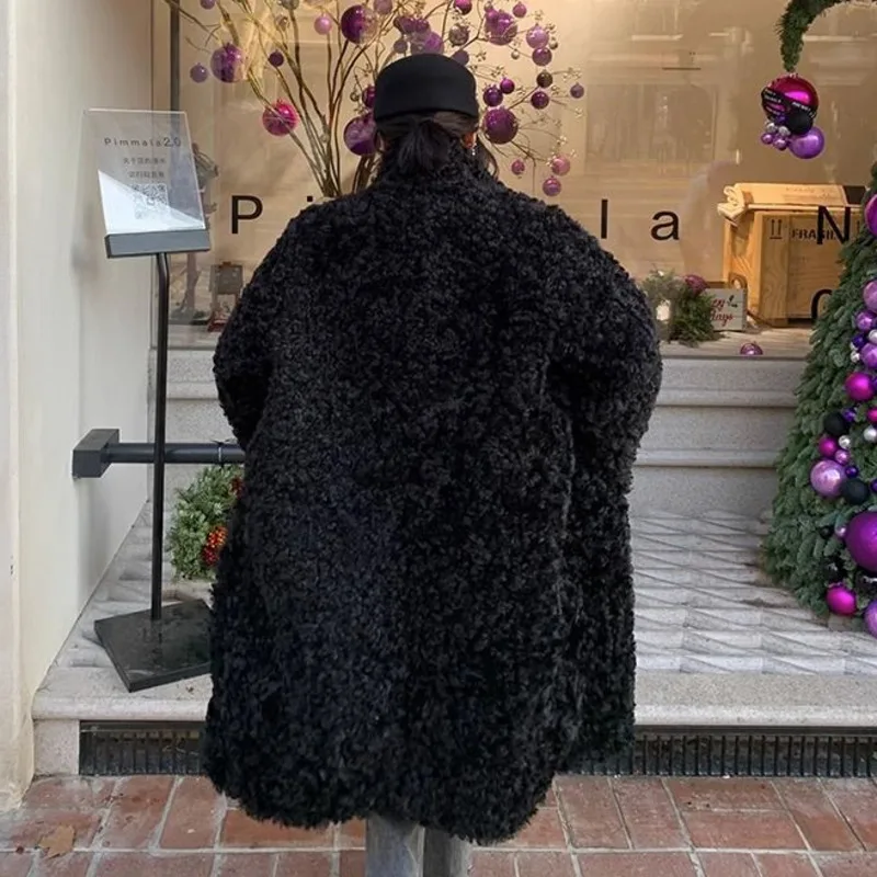 Autumn Winter Lamb Wool Medium Long Coat Fluffy Faux Fur Overcoat Women Elegant Thick Warm Faux Fur Jacket Female 2023 Loose Top